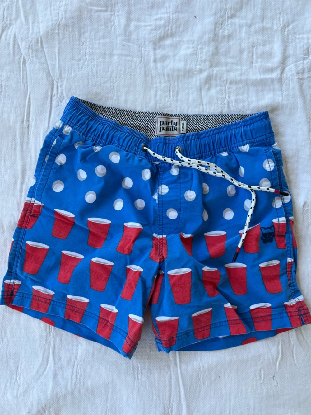 Party Pants Blue Swim Trunks with Red “Pong”Cup Print- XS